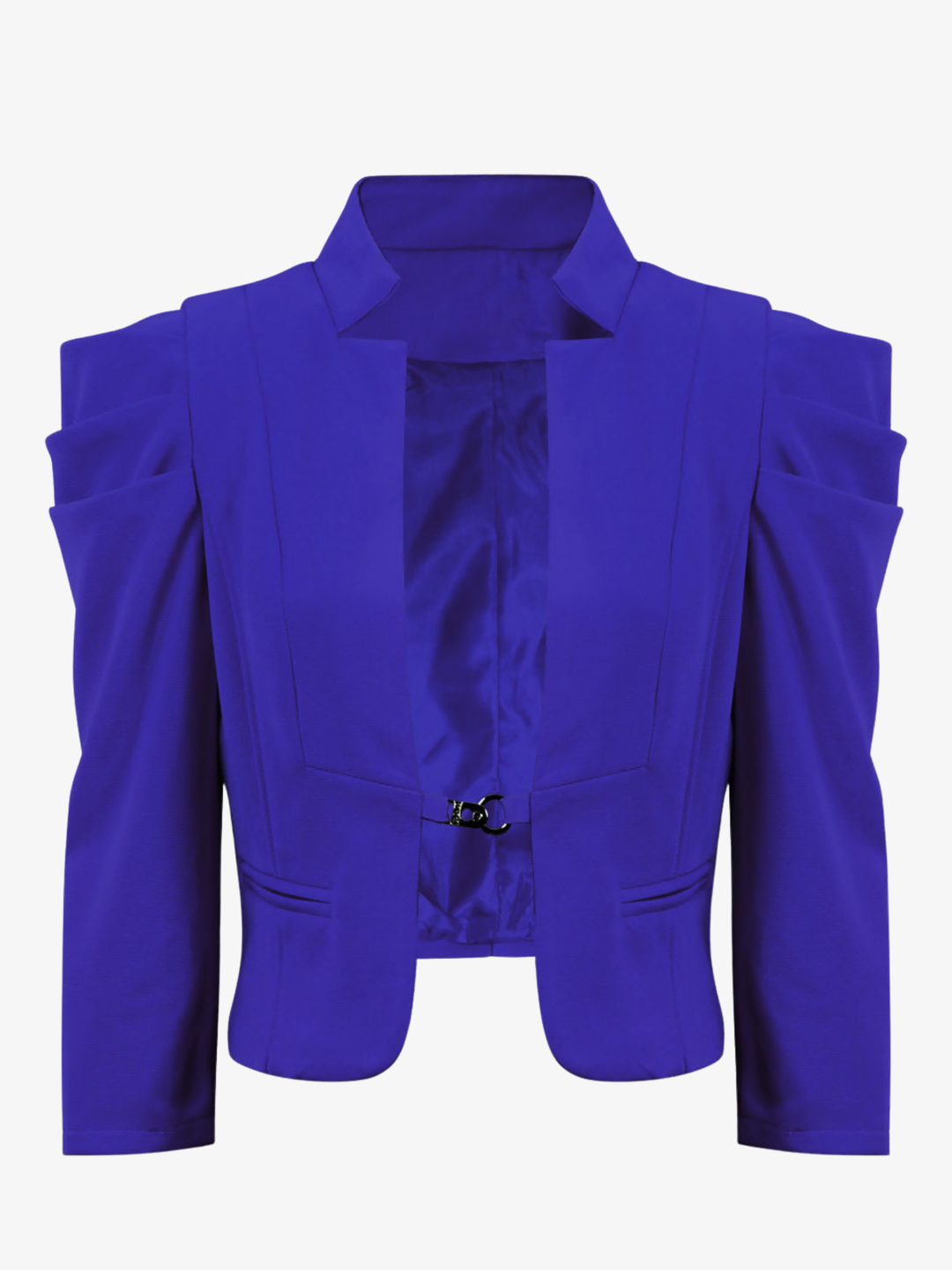 Ghost mannequin stands in front of a plain background, the ghost mannequin wears a royal blue cropped blazer, with long sleeves and puffed sleeves. The blazer has a front  hook clasp fastening  and faux front side pockets. The ghost mannequin faces forward, the front of the blazer can be seen, including the front hook fastening.