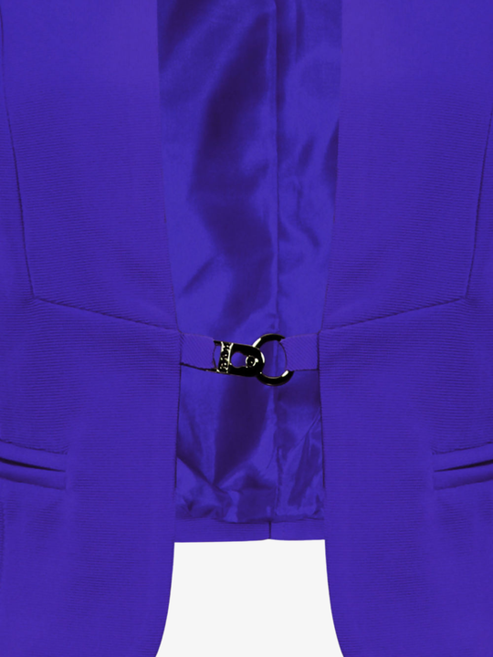 Close up of front hook fastening. The ghost mannequin wears a fine ribbed royal blue blazer.