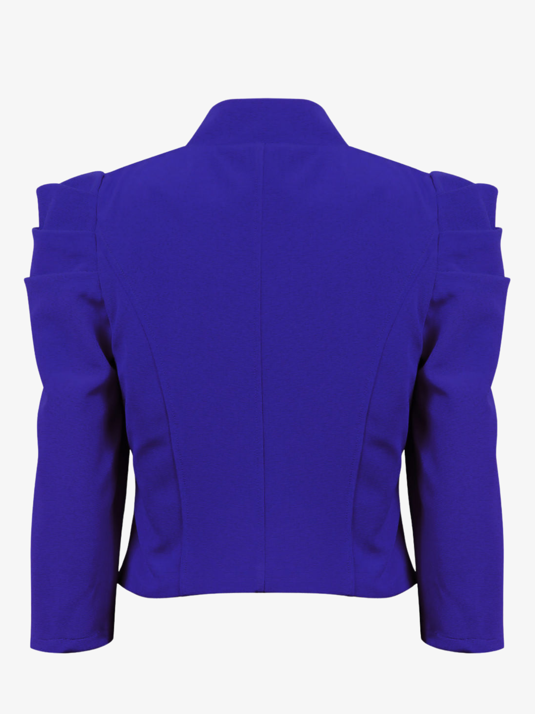 Ghost mannequin stands in front of a plain background, the ghost mannequin wears a royal blue cropped blazer, with long sleeves and puffed sleeves. The blazer has a front  hook clasp fastening  and faux front side pockets. The ghost mannequin faces with his back to the camera, the back of. the blazer can be seen, including the tailored stitching.