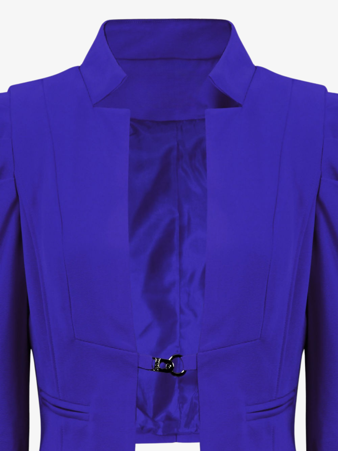 Ghost mannequin stands in front of a plain background, the ghost mannequin wears a royal blue cropped blazer, with long sleeves and puffed sleeves. The blazer has a front  hook clasp fastening  and faux front side pockets. The ghost mannequin faces forward, the hook fastening and interior satin lining can be seen.