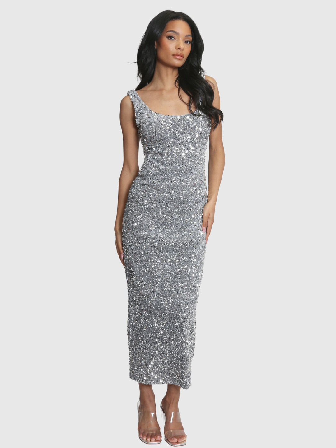 Deluxe Premium Range, Silver Sequin Midi Dress With A Stretch Fit and Square Neck Design