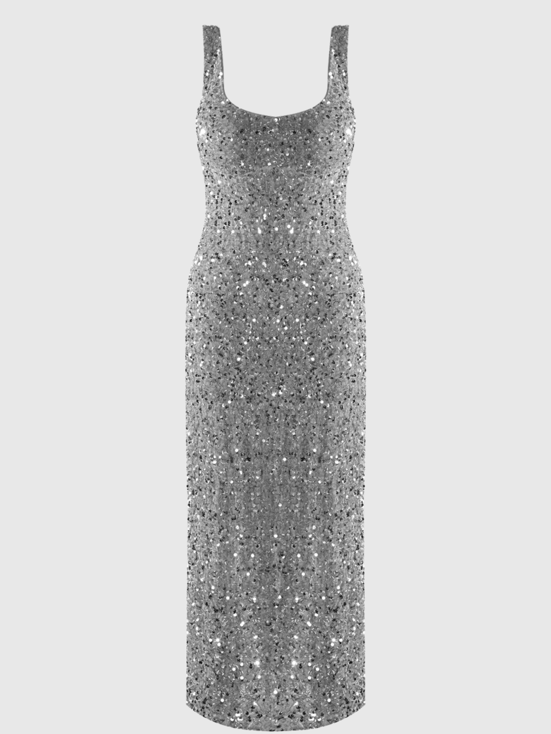 Ghost mannequin wears a deluxe silver sequin midi dress with a square neckline and zip back fastening. 
