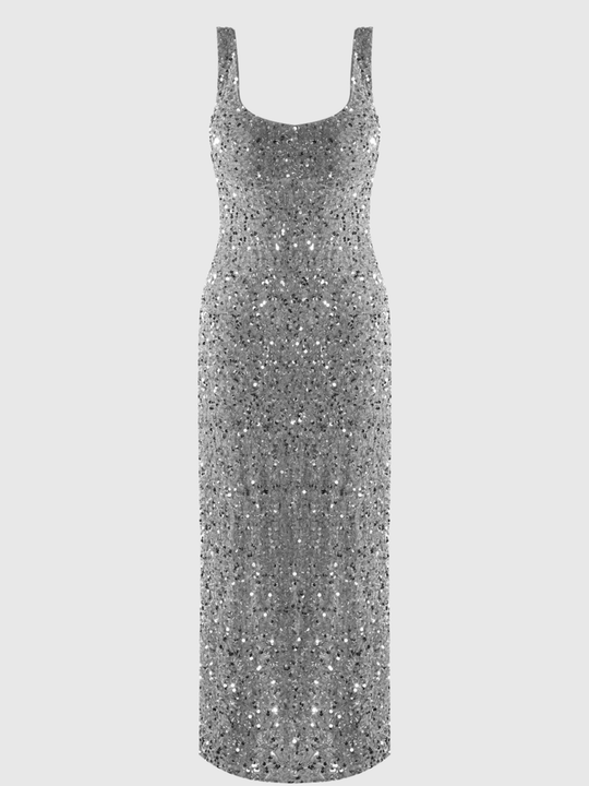 Ghost mannequin wears a deluxe silver sequin midi dress with a square neckline and zip back fastening. 