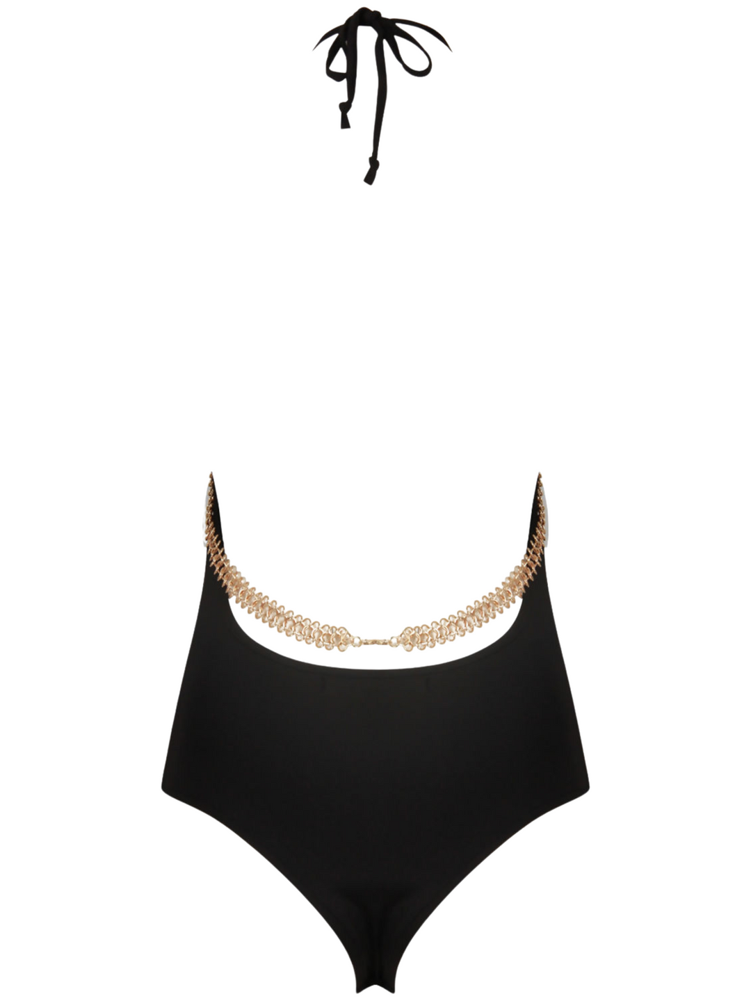 Ghost manequin wears a black slinky bodysuit with a gold chain trim at the front and the rear. The black bodysuit has  a cami front cut and a low back design. The gold chain  can be seen at both the front and the back of the bodysuit.  The ghost manequin faces way from the camera. The halter neck fastening can be seen, as well as the low back and the gold chain that goes across the back and sits above the the low back hem of the bodysuit.  