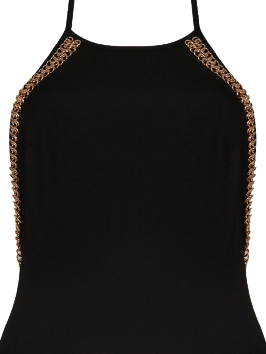 Mid length shot. The ghost manequin faces the camera and the front of the black bodysuit with the gold chain trim can be seen. Ghost manequin wears a black slinky bodysuit with a gold chain trim at the front and the rear. The black bodysuit has  a cami front cut and a low back design. The gold chain  can be seen at both the front and the back of the bodysuit.  