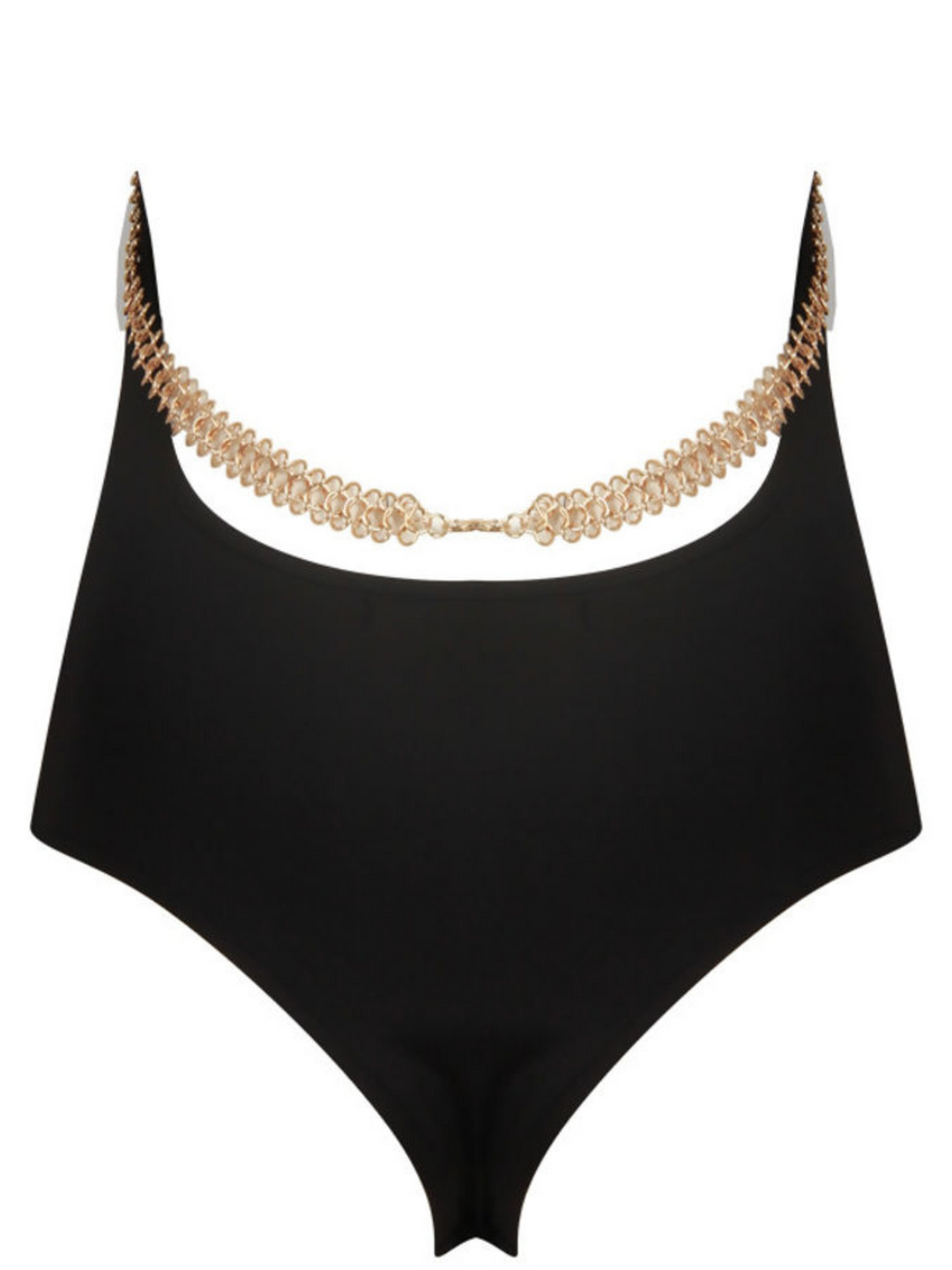 Ghost manequin wears a black slinky bodysuit with a gold chain trim at the front and the rear. The black bodysuit has  a cami front cut and a low back design. The gold chain  can be seen at both the front and the back of the bodysuit.  The ghost manequin faces way from the camera. The  lowever back section of the bodysuit can be seen, demonstrating the low back design with the gold chain that goes across and sits above the the low back hem of the bodysuit.  