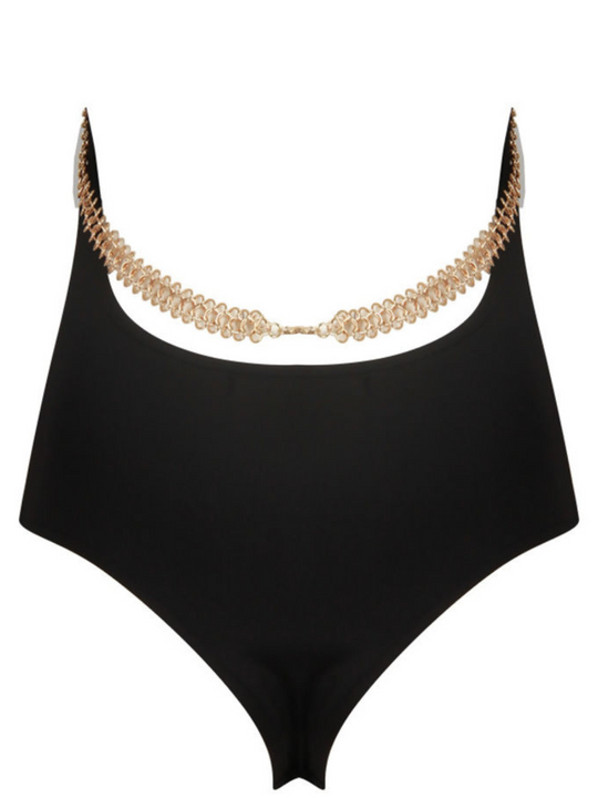 Ghost manequin wears a black slinky bodysuit with a gold chain trim at the front and the rear. The black bodysuit has  a cami front cut and a low back design. The gold chain  can be seen at both the front and the back of the bodysuit.  The ghost manequin faces way from the camera. The  lowever back section of the bodysuit can be seen, demonstrating the low back design with the gold chain that goes across and sits above the the low back hem of the bodysuit.  