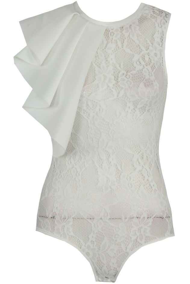 Ghost manequin wears a white high neck lace bodysuit.  One shoulder of the bodysuit has ruffled shoulders. The front of the bodysuit can be seen.
