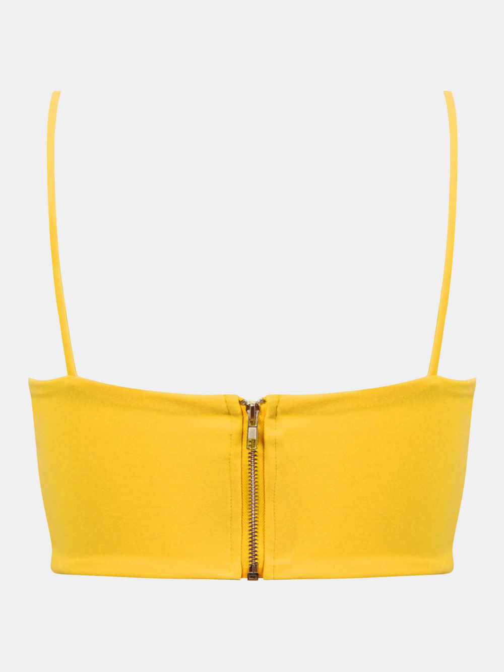 Ghost manequin wears a yellow bralete and v neck  front and spaghetti straps The back of the bralette can be seen, including an exposed zip up ck fastening. The spaghetti straps can also be seen.