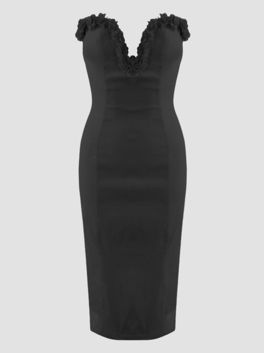 Ghost mannequin stands in front of plain background. The ghost mannequin wears a black sleeveless bodycon dress,  with a deep V-neckline and 3D rose ruffled trim. The black midi dress has a tailored bodycon silhouette fit. The ghost mannequin faces forward, the front of the midi dress can be seen, including the 3D rose petal design. 