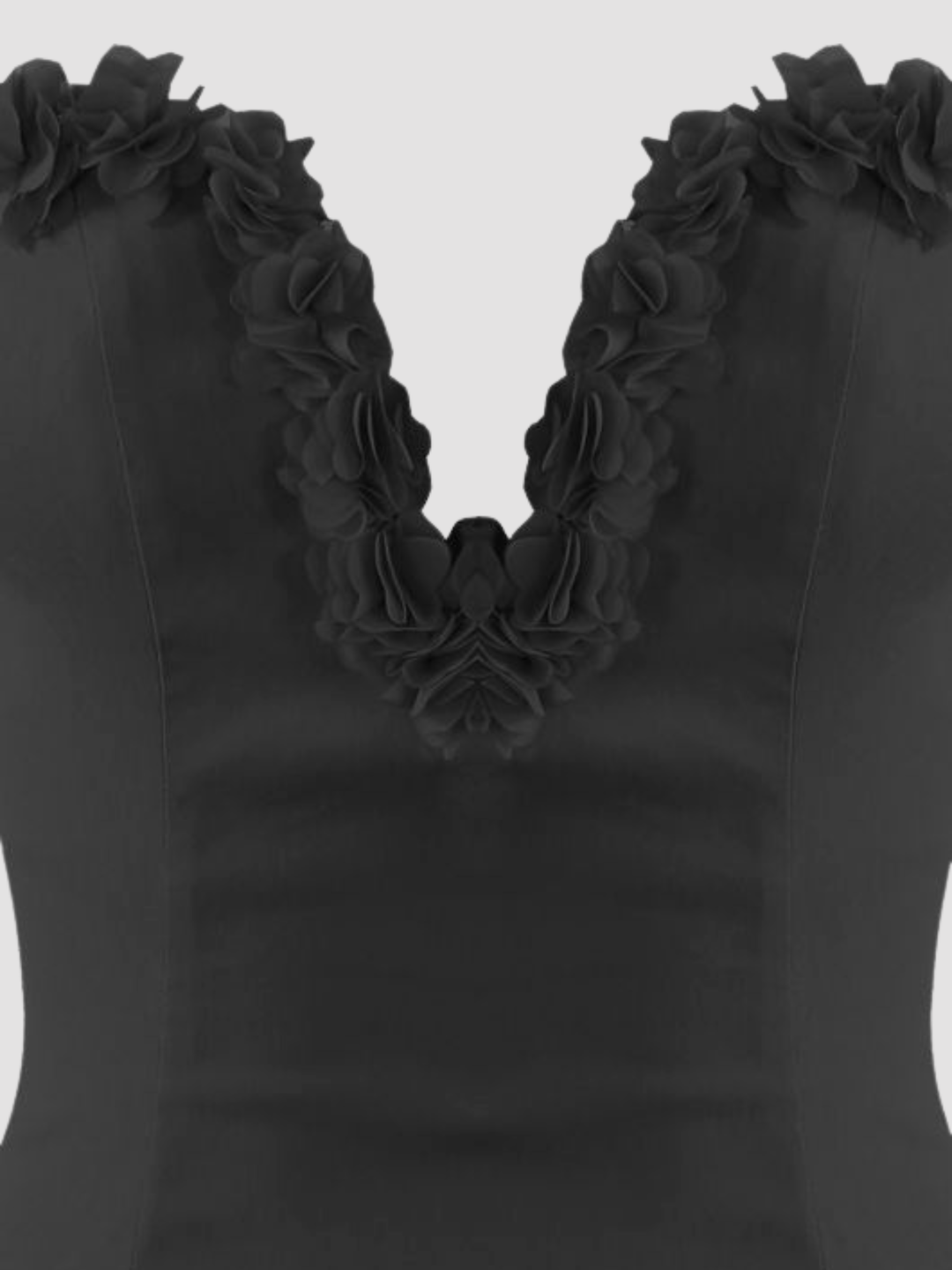 Close up. Ghost mannequin stands in front of plain background. The ghost mannequin wears a black sleeveless bodycon dress,  with a deep V-neckline and 3D rose ruffled trim.  The dress demonstrates a close up of the 3D rose trim sweetheart neckline design.