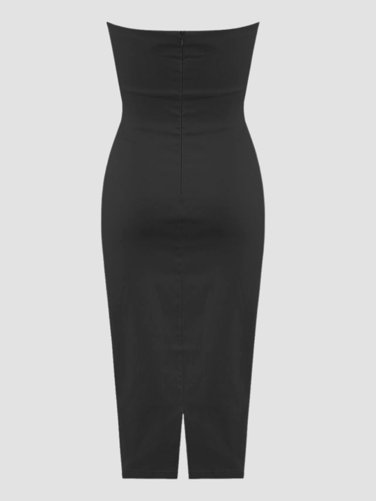 Ghost mannequin stands in front of plain background. The ghost mannequin wears a black sleeveless bodycon dress,  with a deep V-neckline and 3D rose ruffled trim. The black midi dress has a tailored bodycon silhouette fit. The ghost mannequin stands with its back to the camera, the back of the midi dress can be seen, including a concealed zip back design and bottom slit.