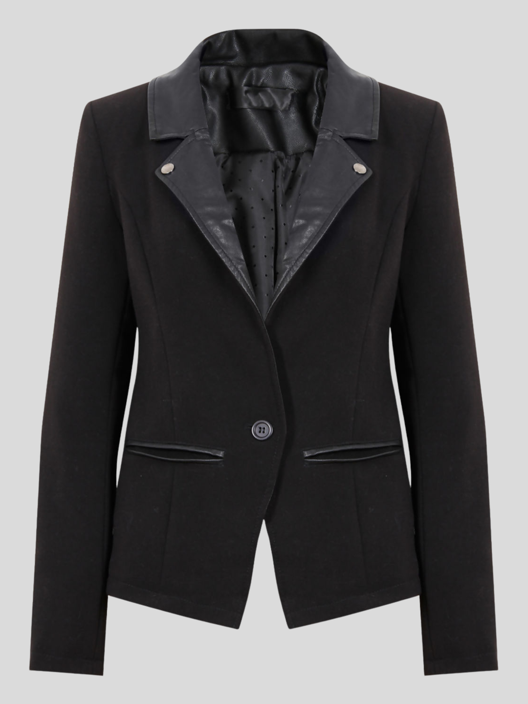 Ghost mannequin stands in front of a grey background. The ghost mannequin wears a  single breasted black tailored blazer, with faux leather lapel and single front button fasten. The ghost mannequin stands in front of the blazer, the front of the blazer can be seen. 