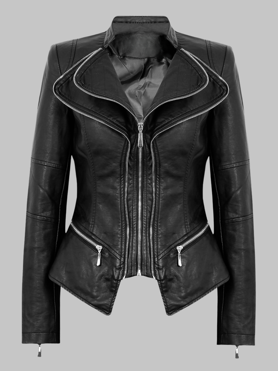 Ghost mannequin stands in front of plain background. The ghost mannequin wears a black pu leather jacket with front silver zip fastening, and a double collar with silver exposed zip design.  The ghost mannequin faces the camera, the front of the jacket can be seen, including the double collar with exposed silver zip design. 