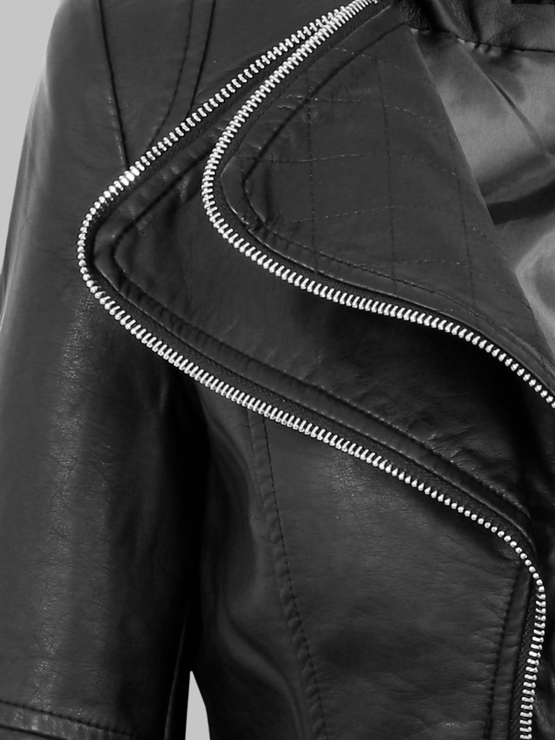 Close up of the faux leather jacket, the exposed silver zip double collar can be seen. 