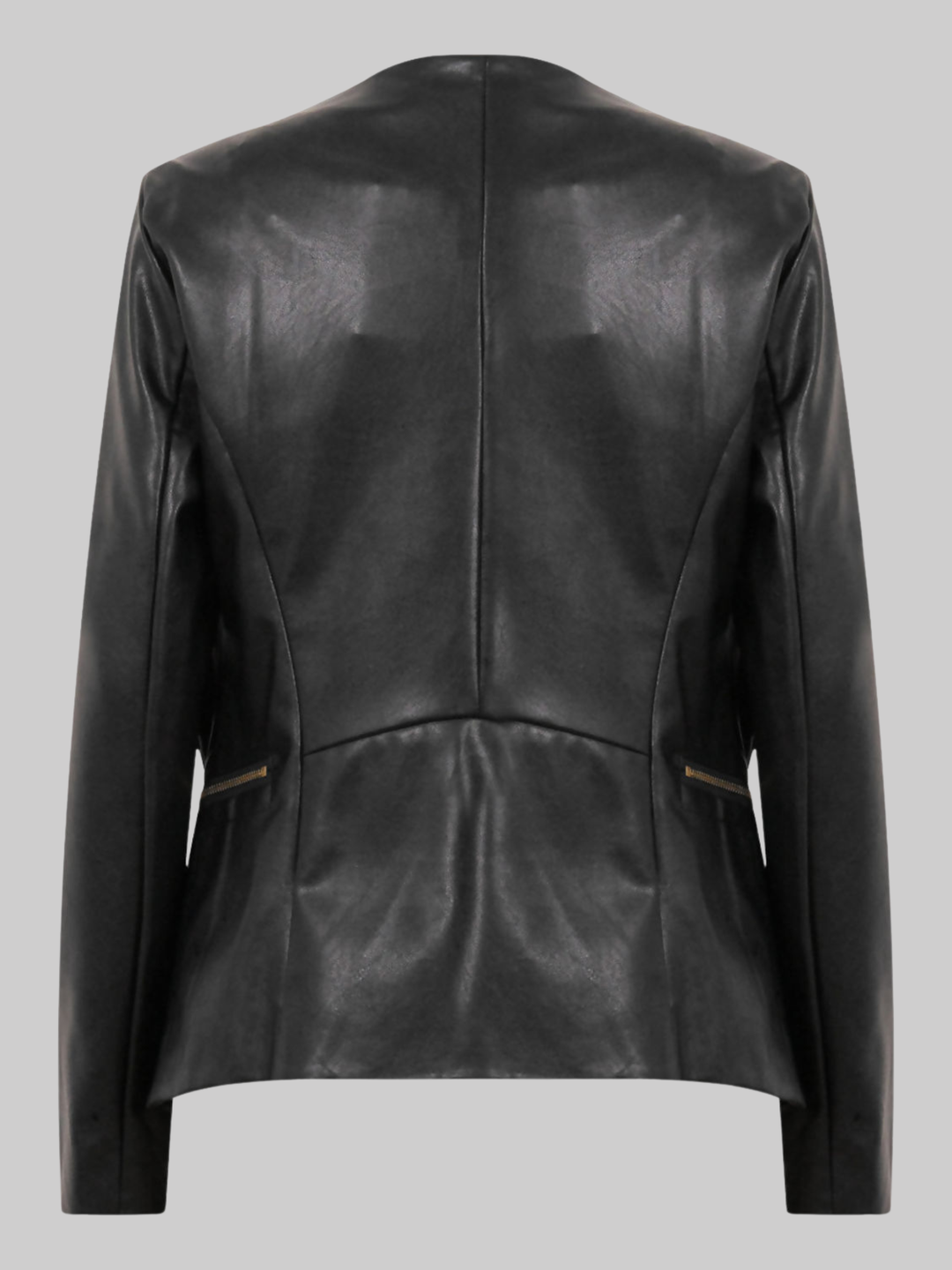 Ghost mannequin stands in front of a plain background. The  ghost mannequin wears a black pu leather waterfall jacket with exposed zip design. The ghost mannequin  faces with its back to the camera, the back of the jacket can be seen, including the tailored back design. 