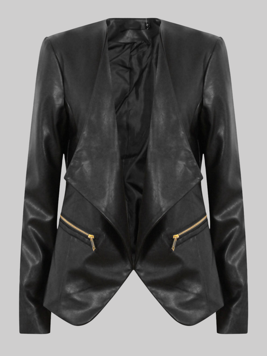 Ghost mannequin stands in front of a plain background. The  ghost mannequin wears a black pu leather waterfall jacket with exposed zip design. The ghost mannequin faces forward, the front waterfall lapel design can be seen. 