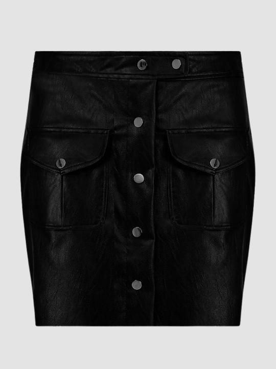 Ghost mannequin stands in front of a plain background, they wear a black pu leather mini skirt with front silver button design and faux front pockets.