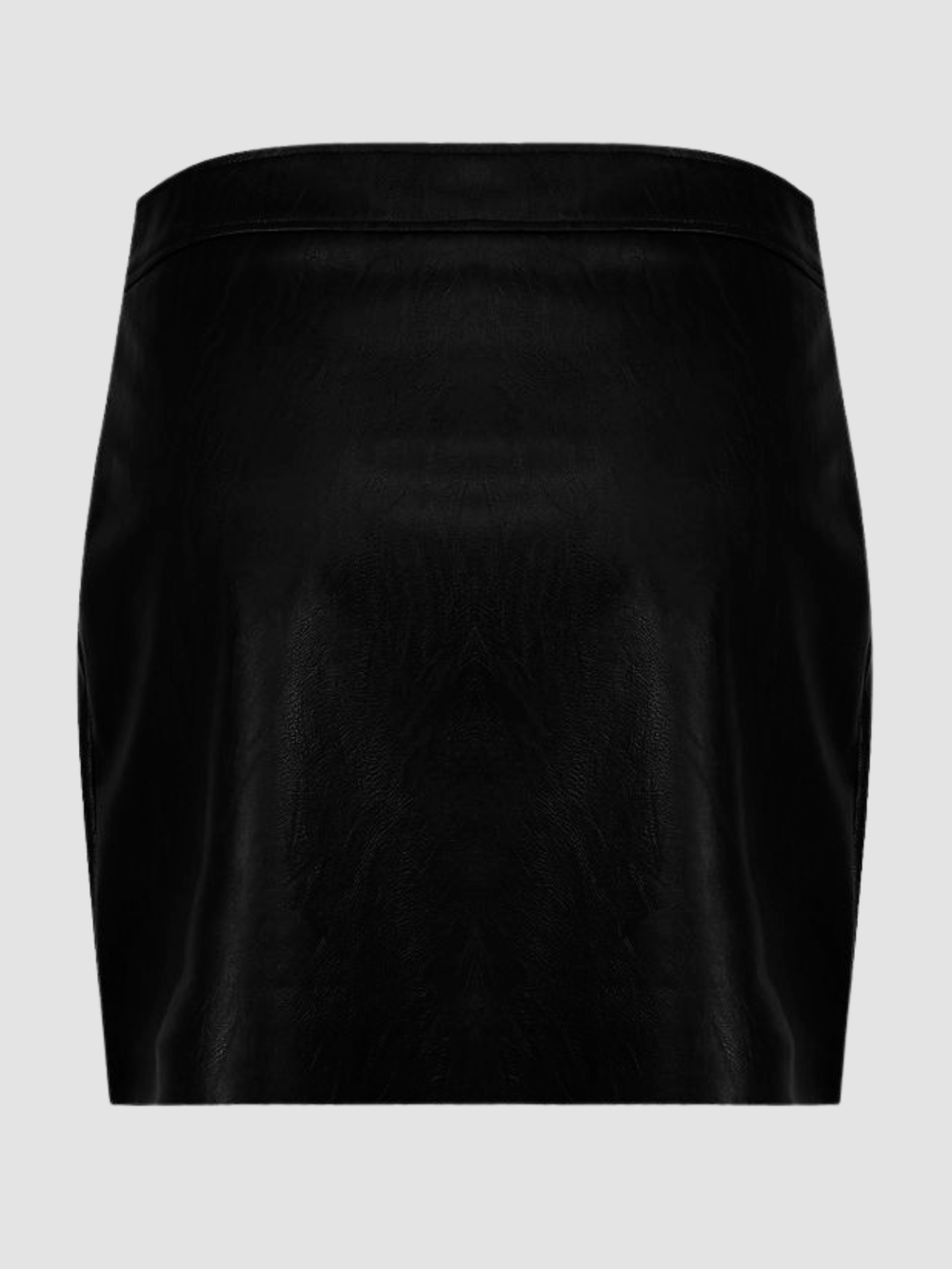 Ghost mannequin stands in front of a plain background, they wear a black pu leather mini skirt with front silver button design and faux front pockets. The ghost mannequin stands with his back to the camera, the back of the faux leather skirt that demonstrates a plain faux leather skirt design. 