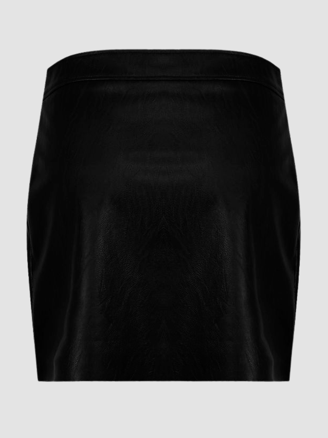 Ghost mannequin stands in front of a plain background, they wear a black pu leather mini skirt with front silver button design and faux front pockets. The ghost mannequin stands with his back to the camera, the back of the faux leather skirt that demonstrates a plain faux leather skirt design. 