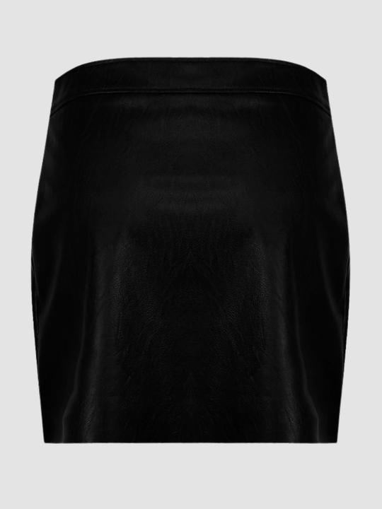 Ghost mannequin stands in front of a plain background, they wear a black pu leather mini skirt with front silver button design and faux front pockets. The ghost mannequin stands with his back to the camera, the back of the faux leather skirt that demonstrates a plain faux leather skirt design. 