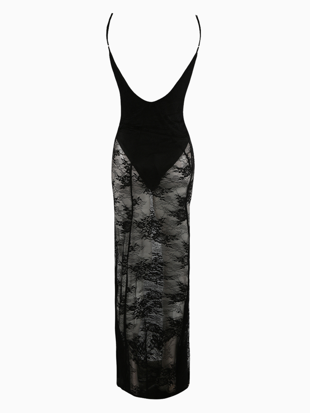 Full length shot. Ghost mannequin stands in front of a plain background. The  ghost mannequin wears a sheer black lace maxi dress, with black bodysuit insert, v neckline and spaghetti straps. The gosy mannequin stands with their back to the camera, the back of the dress can be seen.
