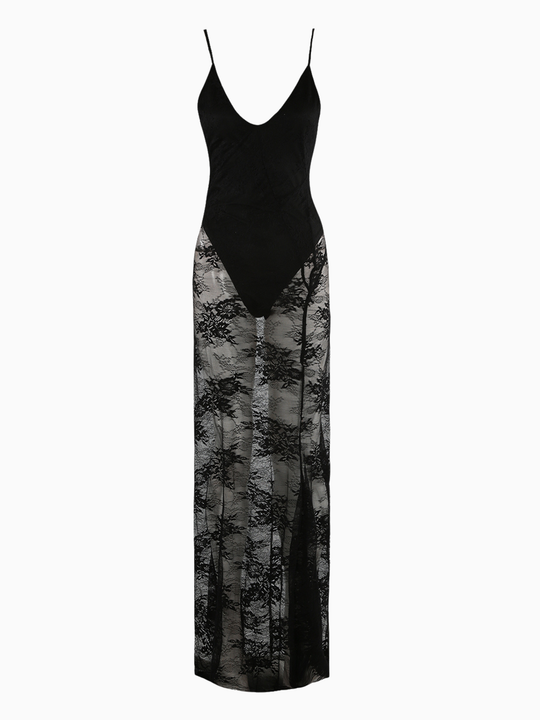 Full length shot. Ghost mannequin stands in front of a plain background. The  ghost mannequin wears a sheer black lace maxi dress, with black bodysuit insert, v neckline and spaghetti straps. 