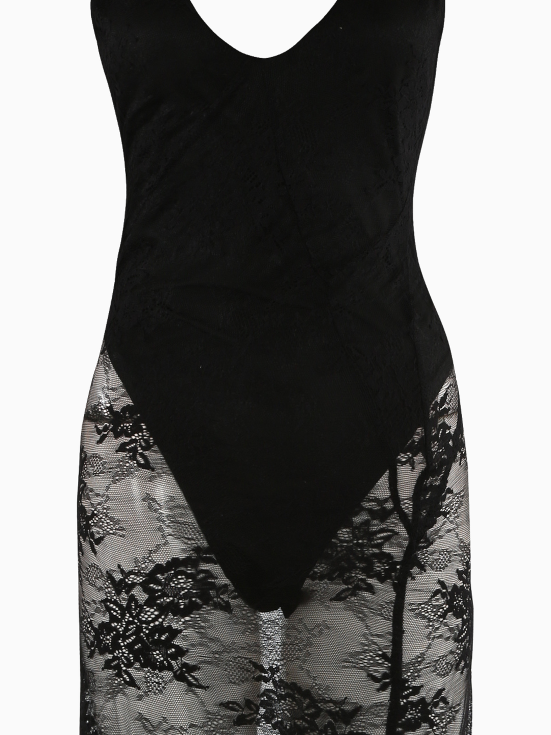 Close up. The ghost mannequin wears a sheer black lace maxi dress, with black bodysuit insert, v neckline and spaghetti straps