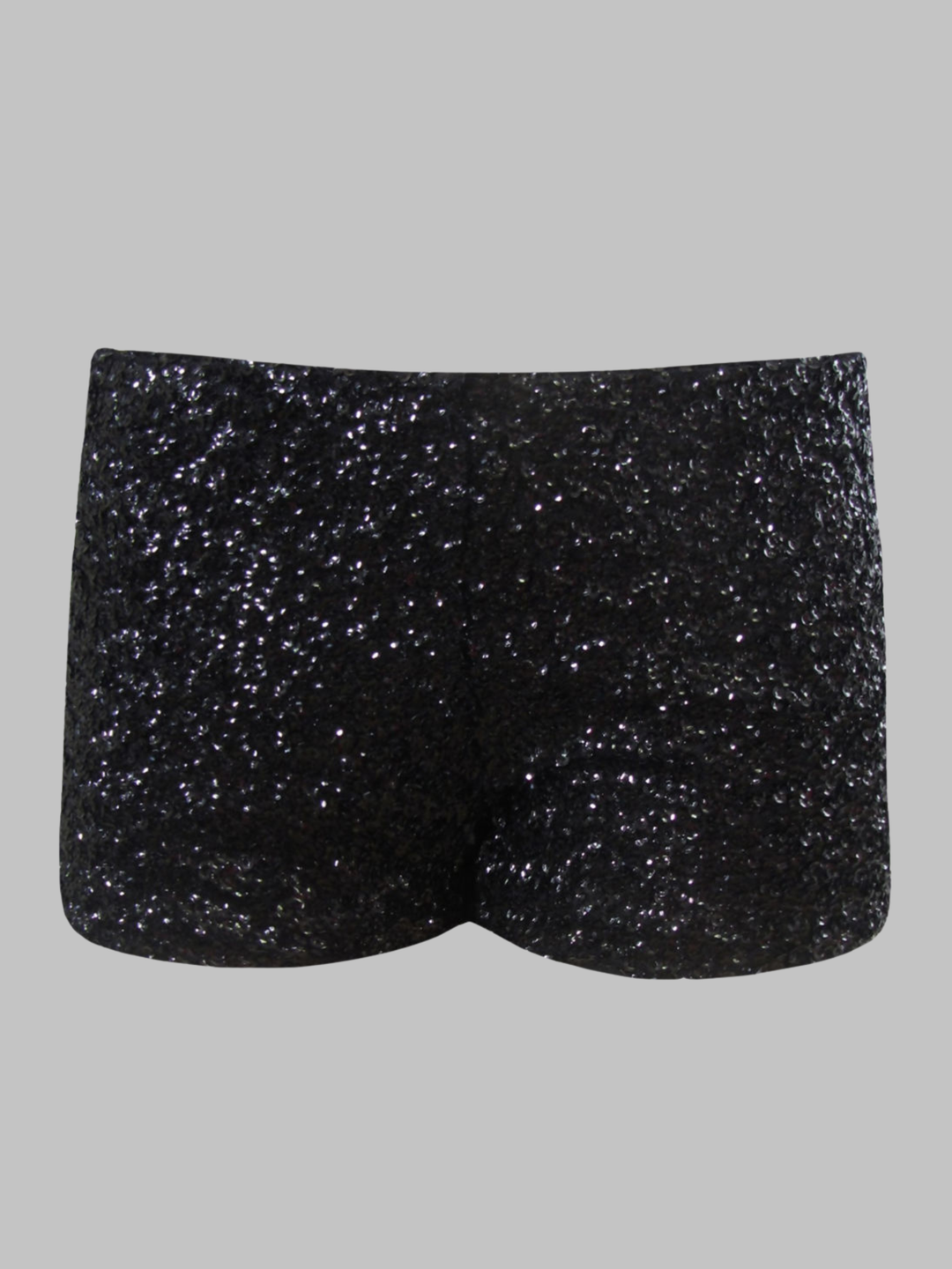 Ghost mannequin wears a black sequin hot pants. The ghost mannequin faces forward, the front of the sequined shorts can be seen.