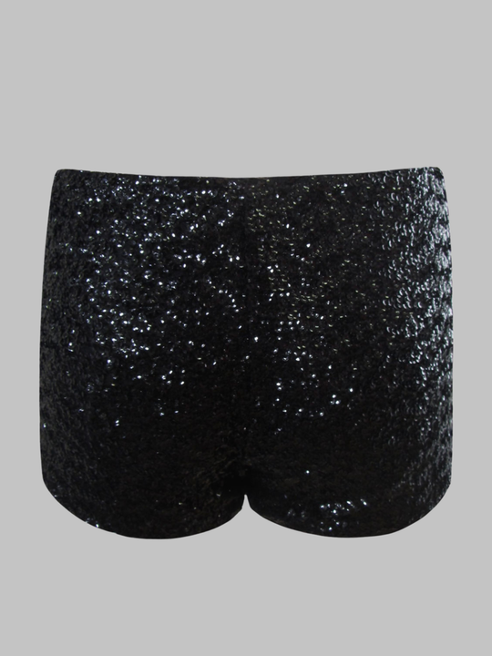 Ghost mannequin wears a black sequin hot pants. The ghost mannequin faces with their back to the camera, the back of the sequined shorts can be seen.