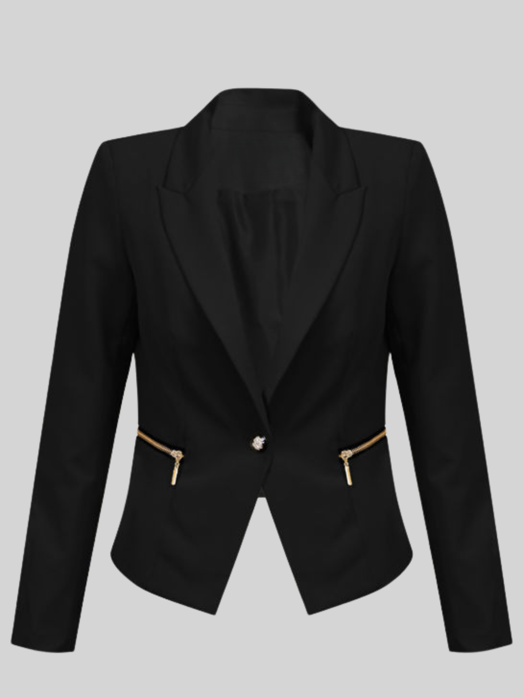 Ghost mannequin stands in front of the black blazer,  with single  front button fastening and exposed side zip design and long sleeves.