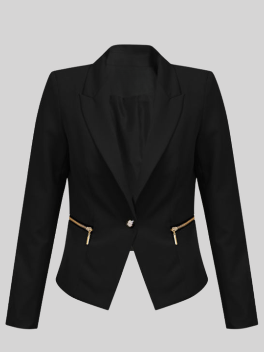 Ghost mannequin stands in front of the black blazer,  with single  front button fastening and exposed side zip design and long sleeves.