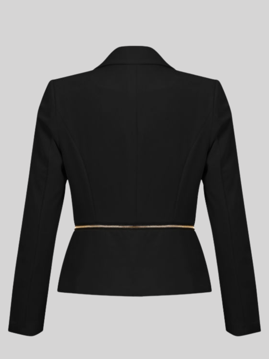 Ghost mannequin stands in front of the black blazer,  with single  front button fastening and exposed side zip design and long sleeves. The ghost mannequin stands with its back to the camera, the back of the  fitted luxe blazer, the gold exposed zip can be seen across the waist.