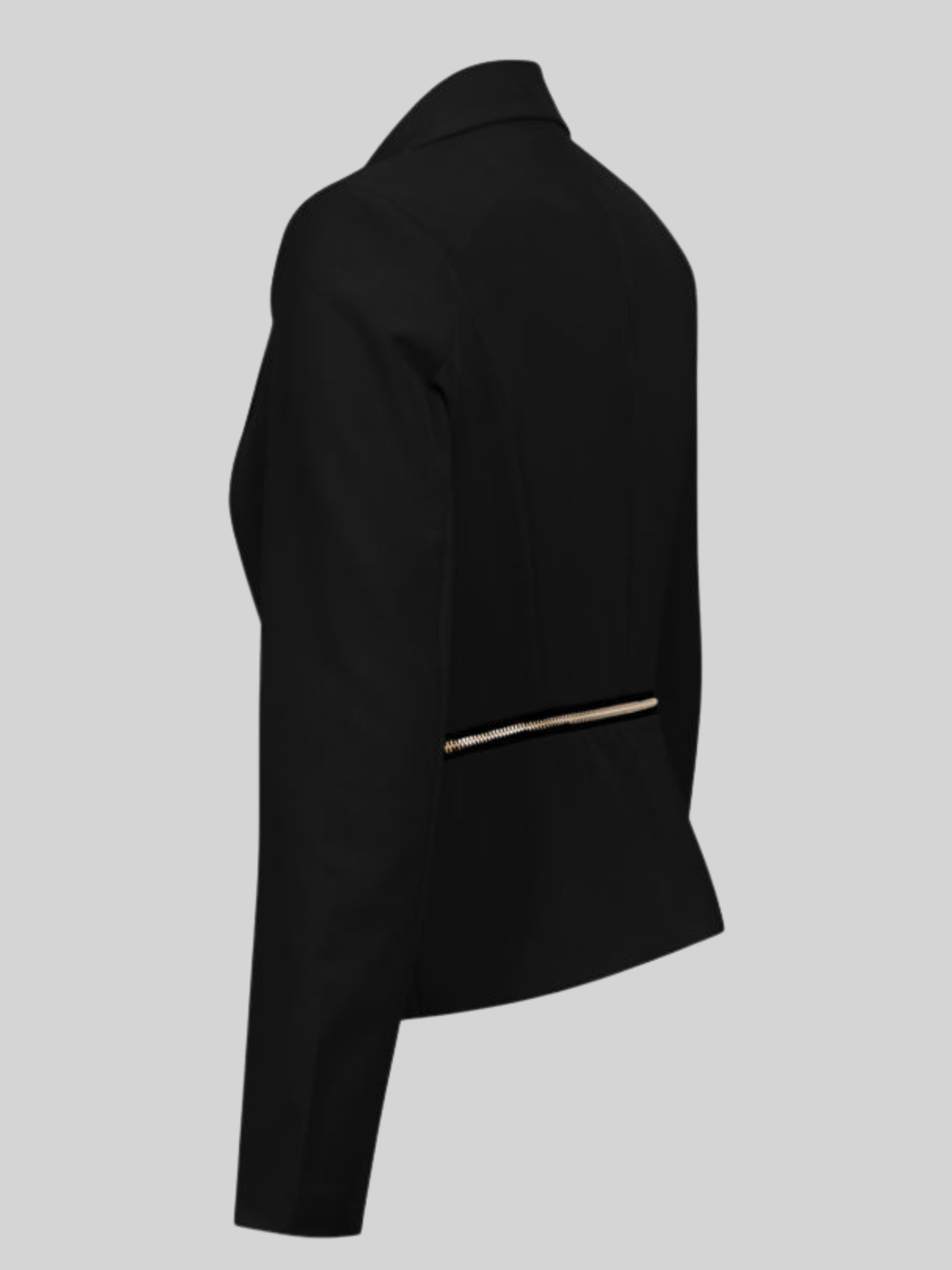 Ghost mannequin stands in front of the black blazer,  with single  front button fastening and exposed side zip design and long sleeves. The ghost mannequin stands  to the side, the side and back of the camera, with the exposed zip design. 
