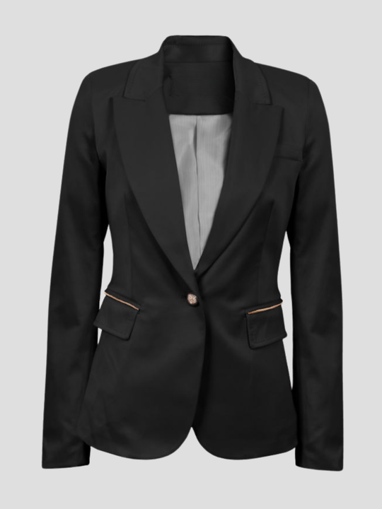 Ghost mannequin wears a black double breasted blazer with single button fastening, with long sleeves, faux pockets that have an exposed zip detailing and black and gold buon detailing. The ghost mannequin faces forward, the front of the blazer can be seen, including the gold and black button fastening.