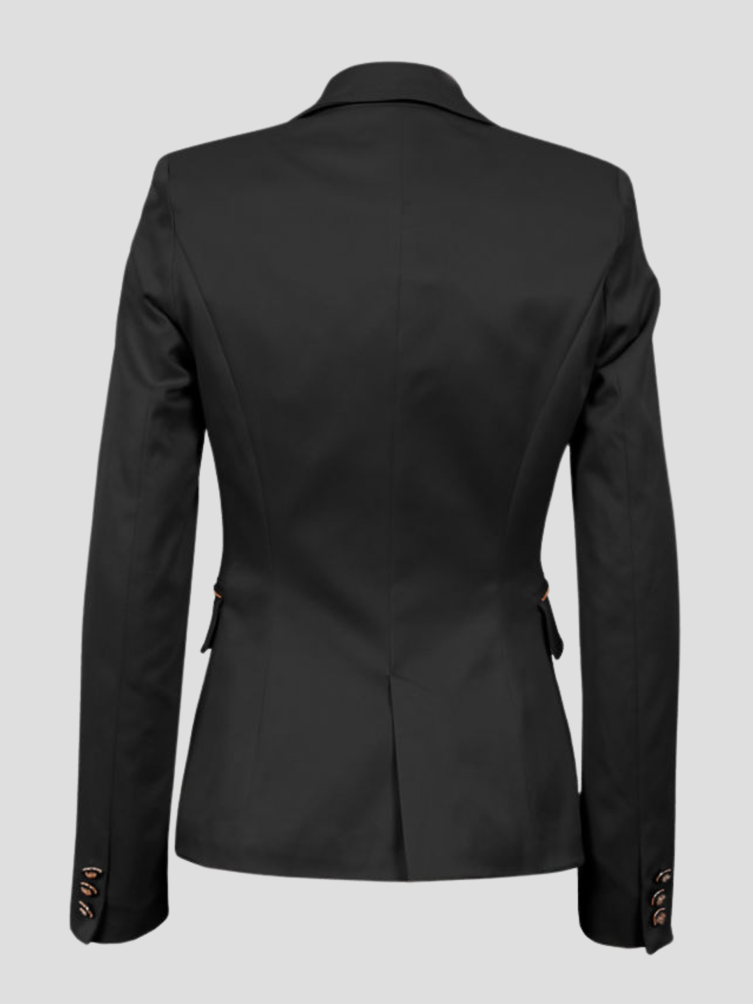 Ghost mannequin wears a black double breasted blazer with single button fastening, with long sleeves, faux pockets that have an exposed zip detailing and black and gold button detailing. The ghost mannequin stands with its back to the camera, the back of the fitted blazer can be seen, including the black and gold cuffed sleeves.