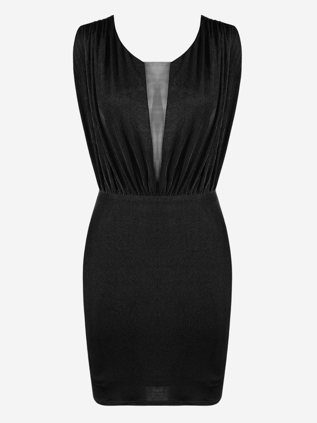 Ghost mannequin stands in front of a plain background, she wears a black mini dreess with a round neckline,  a front sheer panel  and a sleevless design.