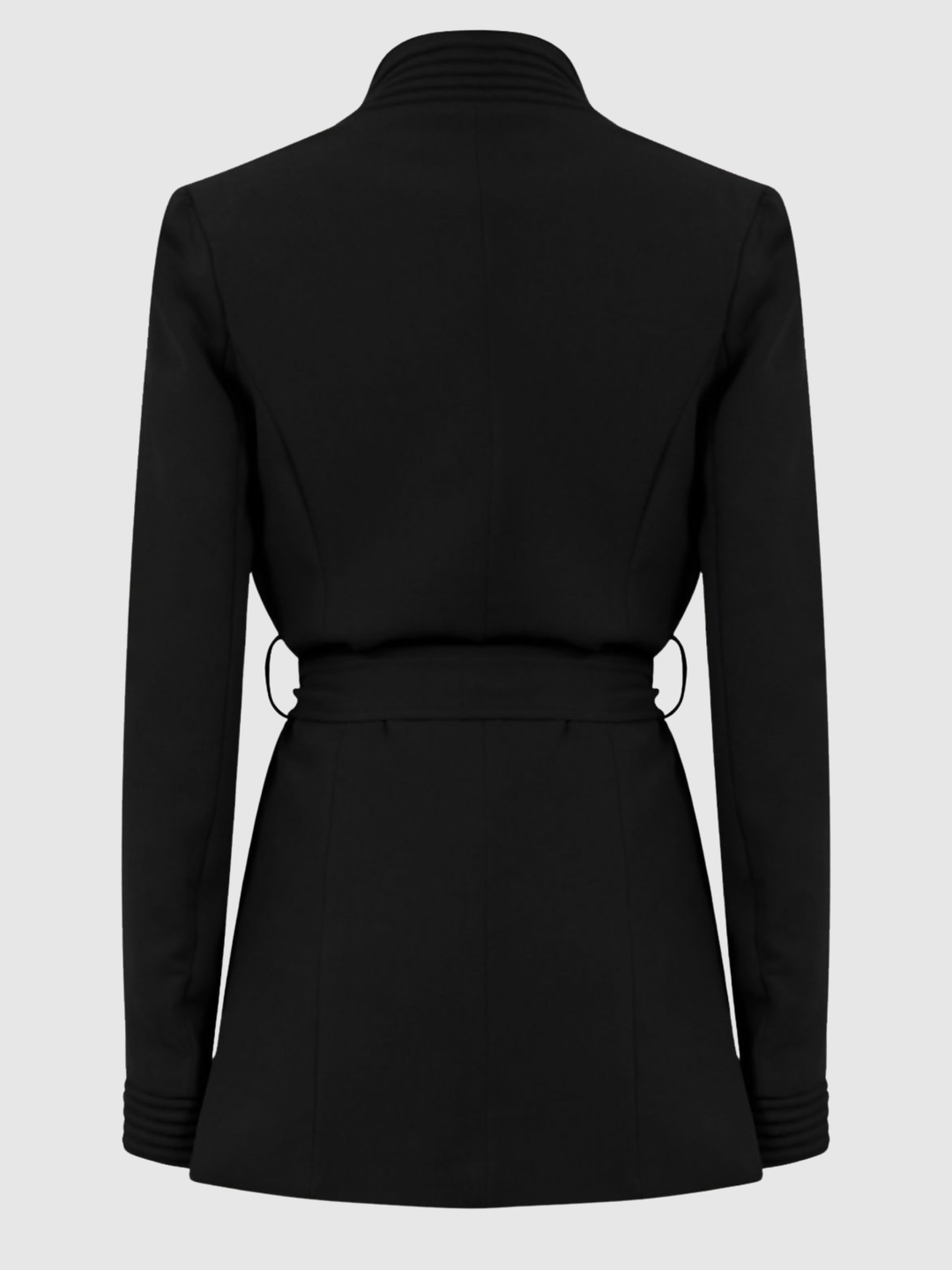 Ghost mannequin stands in front of a plain light grey background. The ghost mannequin  wears a black wrap coat, with a belted waist fastening, the coat has long sleeves. The ghost mannequin stands with its back to the camera, the back of the coat and the back can be seen. 