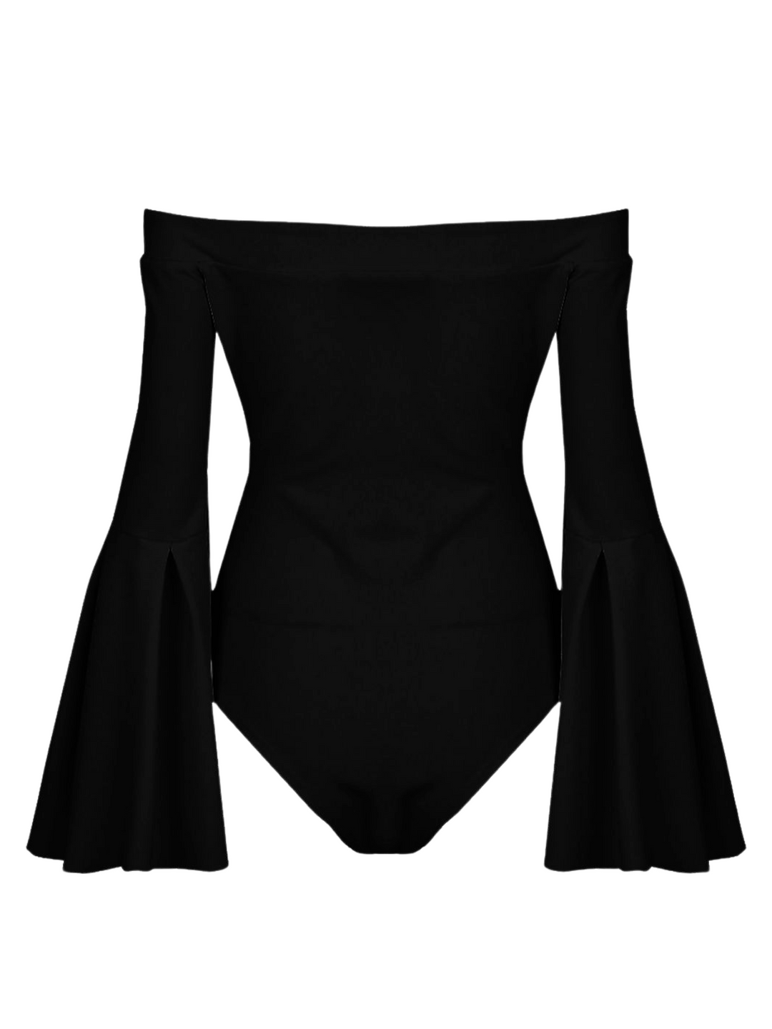 Ghost manequin wears an off the shoulder black bodysuit with pleatead sleeves taht flare at the bottom.
The ghost manequin faces forward, the front of the bodysuit can be seen.