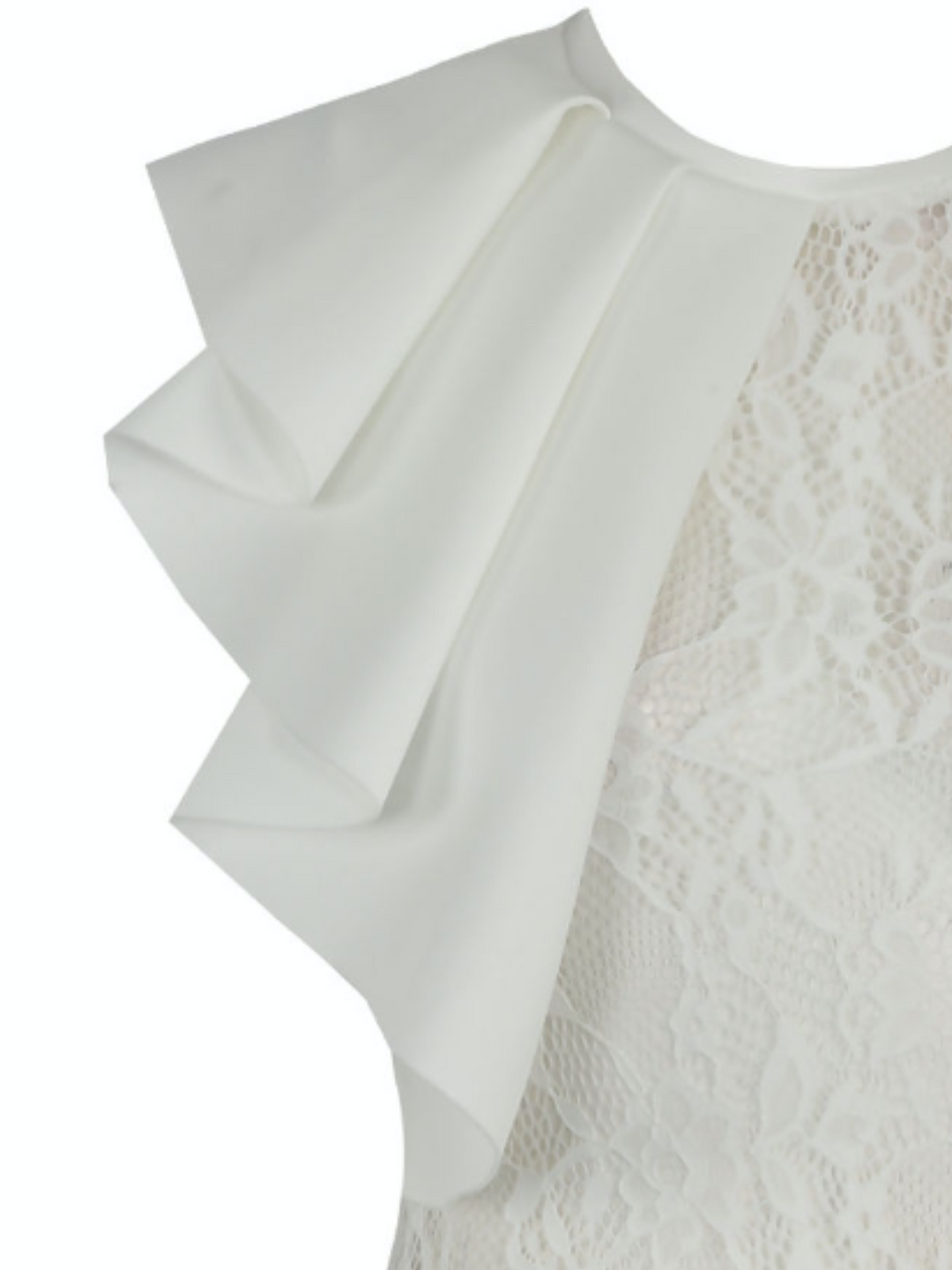 Ghost manequin wears a white high neck lace bodysuit.  One shoulder of the bodysuit has ruffled shoulders. The photo shows a close up of  the ruffled shouder.