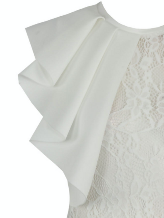 Ghost manequin wears a white high neck lace bodysuit.  One shoulder of the bodysuit has ruffled shoulders. The photo shows a close up of  the ruffled shouder.