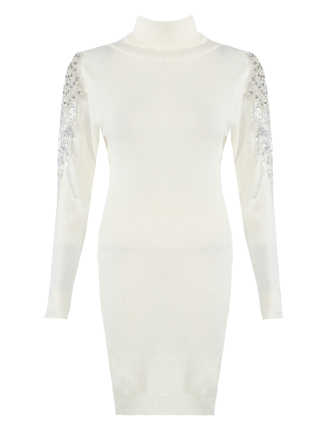 Ghost mannequin wears a deluxe white knitted jumper dress, with sequin embellished sleeves and a roll neckline and mid length dress. 