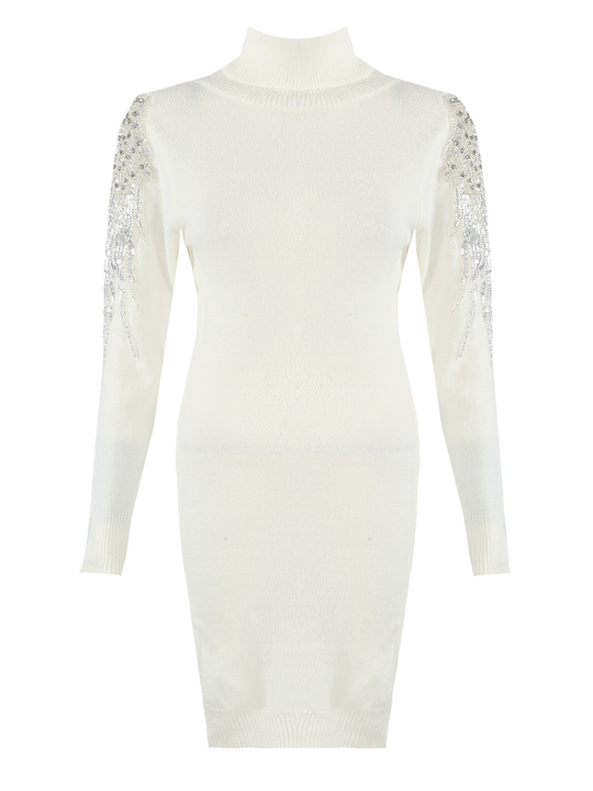 Ghost mannequin wears a deluxe white knitted jumper dress, with sequin embellished sleeves and a roll neckline and mid length dress. 