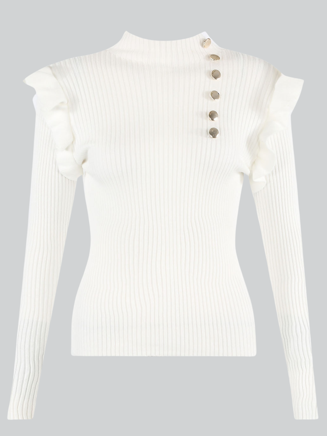 Ghost mannequin wears a white  ribbed knitted jumper, ruffled shoulders and buttons detailing at the front. 