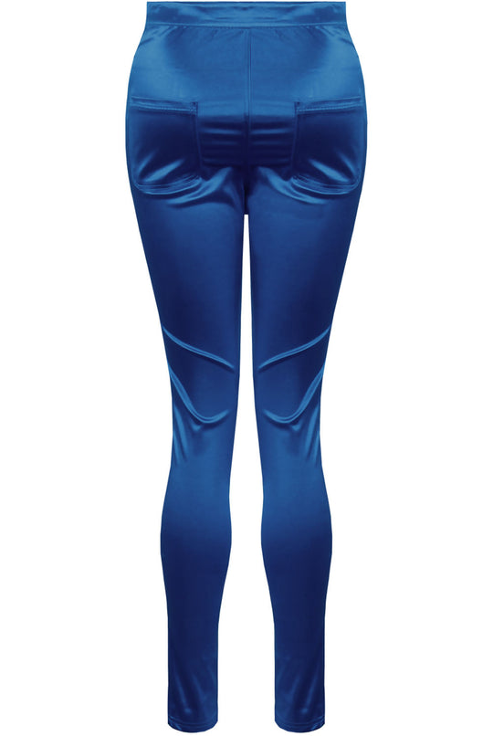 Ghost manequin wears a royal blue satin skinny fit jeans.  The back of the trousers is visble, showing the two back pockets.