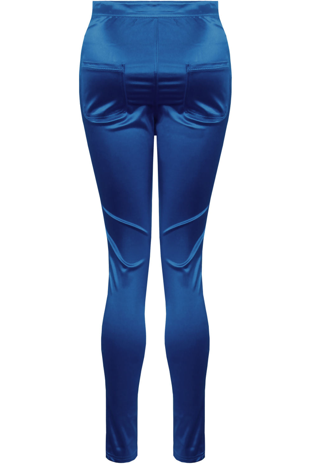 Ghost manequin wears a blue satin skinny fit trousers with front button closure. The ghost manequin stands to the side, the side and the front of the trousers is visible. The back pockets are visible.