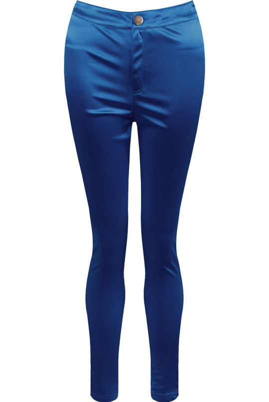 Ghost manequin wears a royal blue satin skinny fit jeans. The silver button fastening is visble. 