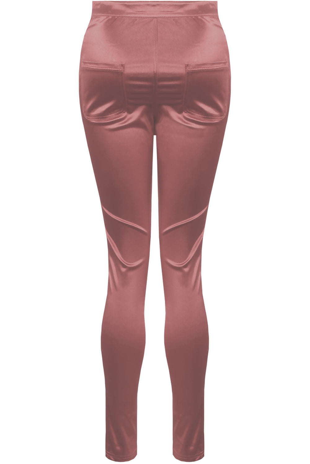  Ghost manequin wears a pink satin skinny fit trousers with front button closure. The Ghost manequin stands so that the back of the trousers and the back pockets is visible. 