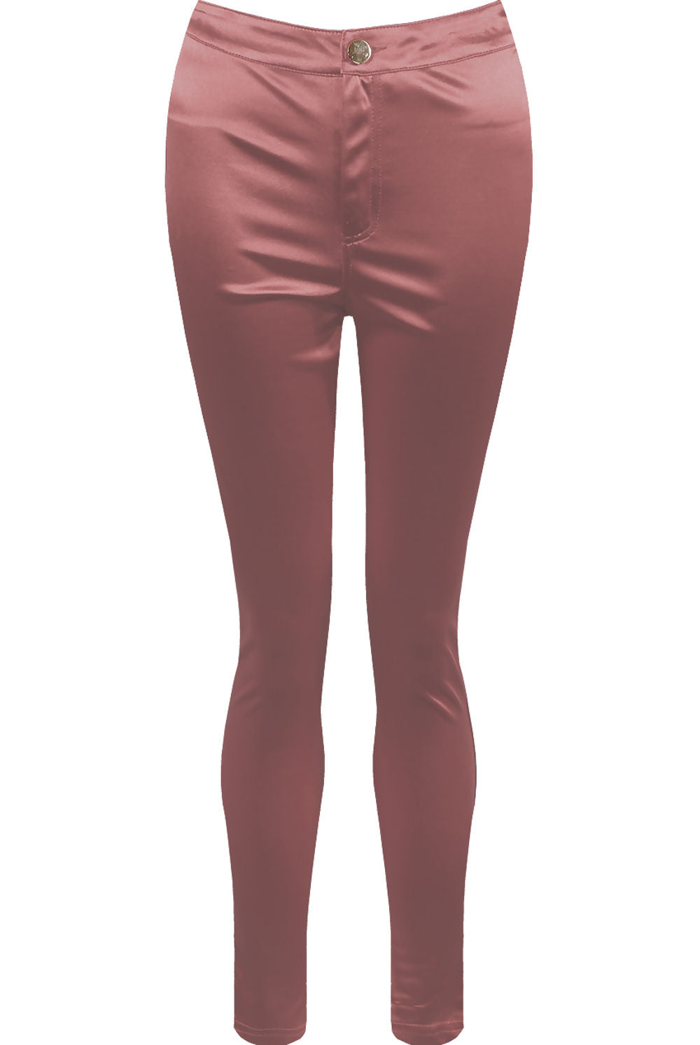Ghost manequin wears a pink satin skinny fit trousers with front button closure. 