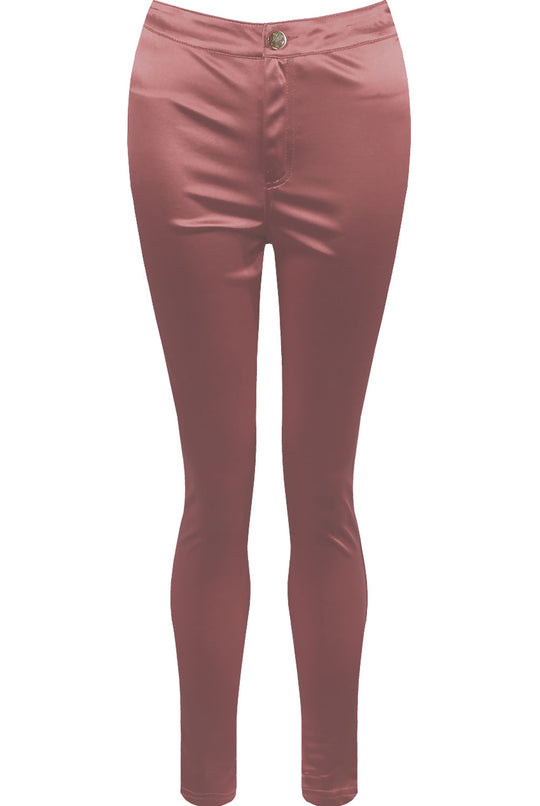 Ghost manequin wears a pink satin skinny fit jeans. The Silver button fastening is visible. 